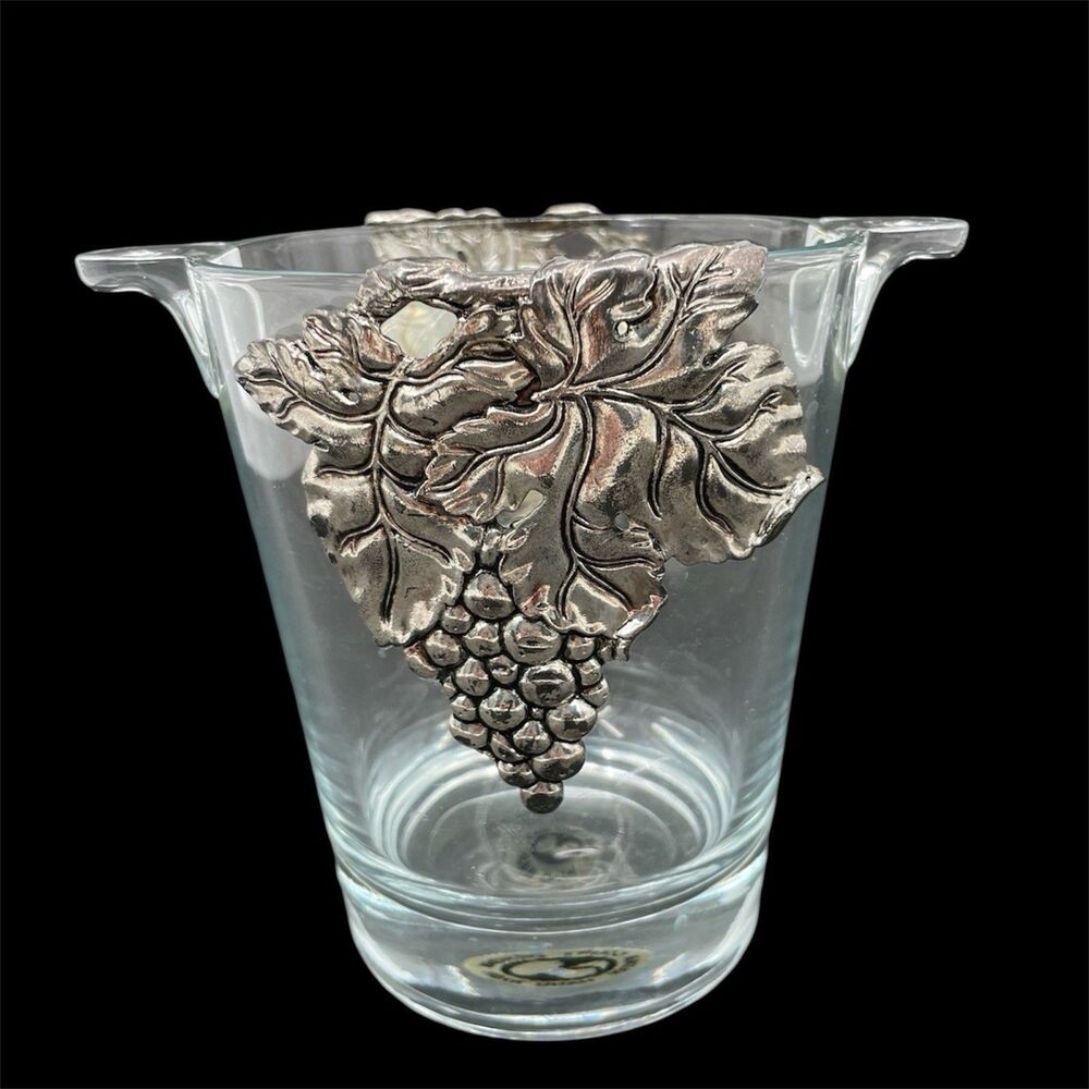 Arthur Court Grape Pattern Glass Ice Bucket Silver Tone Vine Grape Overlay